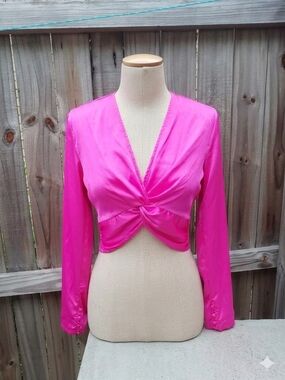 Hot Pink Satin Twist Front Crop Top Long Sleeve V-i Smoked Waste Barbiecore Sz L